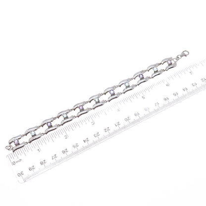 925 Sterling Silver Vintage Real Amethyst & Blue Topaz Modernist Bracelet 7.25"