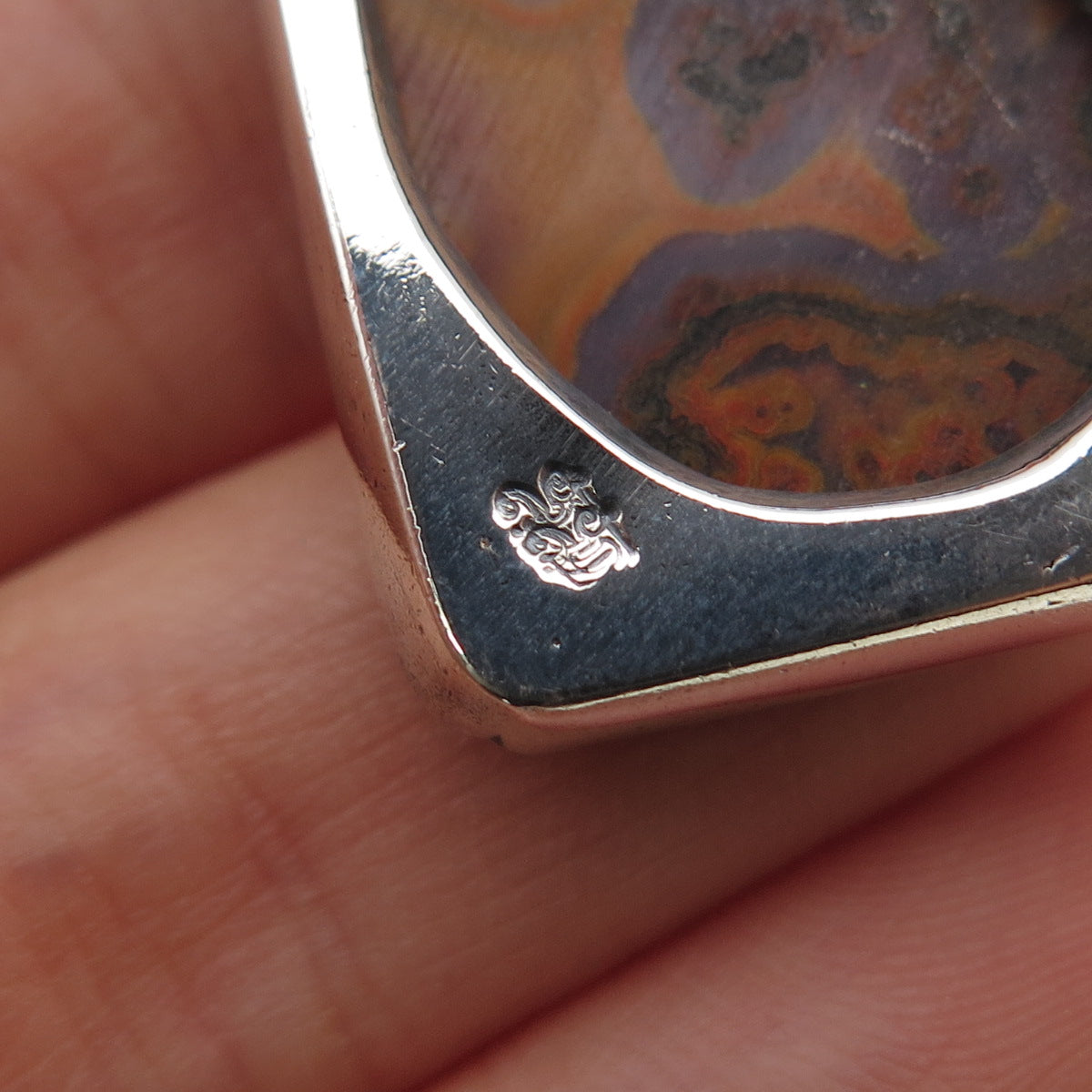 925 Sterling Silver Vintage Real Crazy Lace Agate Dragon Oxidized Slide Pendant