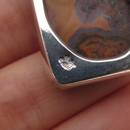 925 Sterling Silver Vintage Real Crazy Lace Agate Dragon Oxidized Slide Pendant