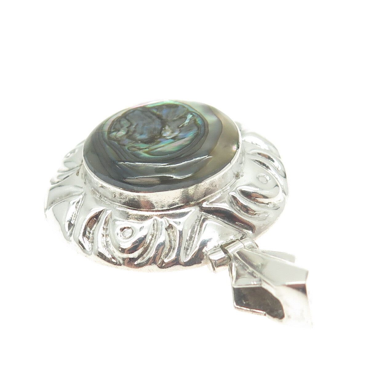 925 Sterling Silver Vintage Mexico Real Abalone Shell Round Pendant