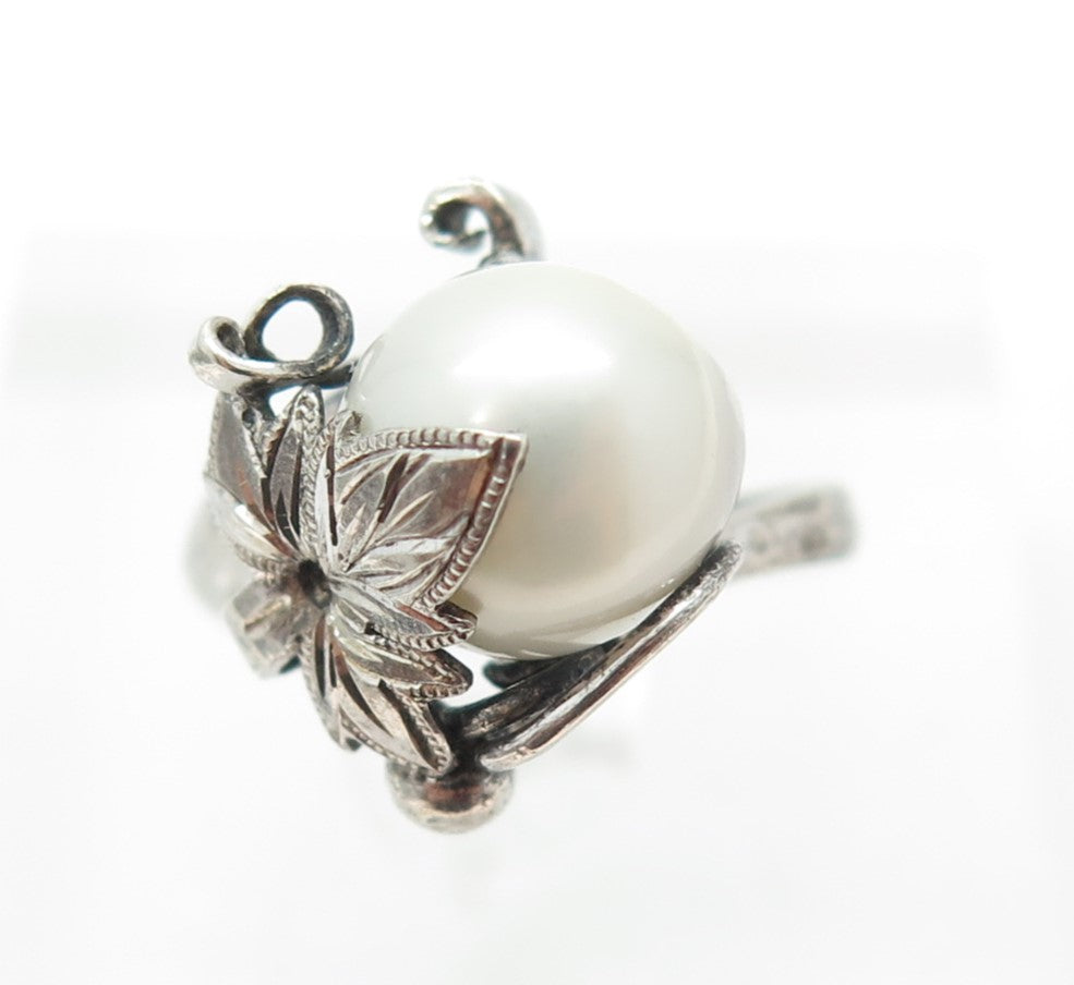 925 Sterling Silver Antique Art Deco Real Pearl Maple Leaf Ring Size 6.25