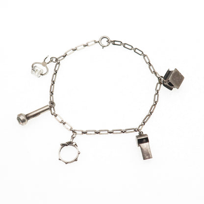 925 Sterling Silver Antique Art Deco Rhinestone Multi-Charm Bracelet 7.5"