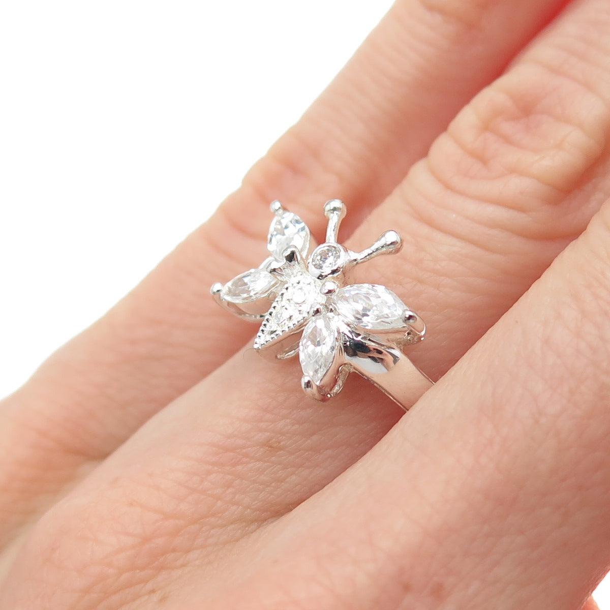 925 Sterling Silver Vintage Marquise & Round-Cut C Z Butterfly Ring Size 6.25