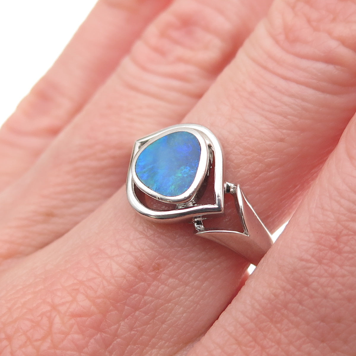 925 Sterling Silver Vintage Real Opal Modernist Evil Eye Ring Size 7