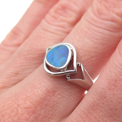 925 Sterling Silver Vintage Real Opal Modernist Evil Eye Ring Size 7