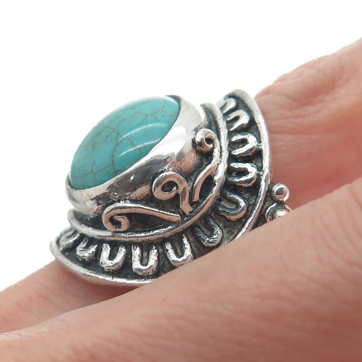 925 Sterling Silver Vintage Lone Mountain Turquoise Sun Oxidized Ring Size 10.5