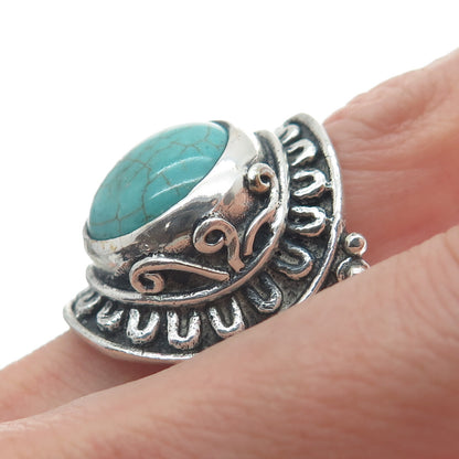 925 Sterling Silver Vintage Lone Mountain Turquoise Sun Oxidized Ring Size 10.5