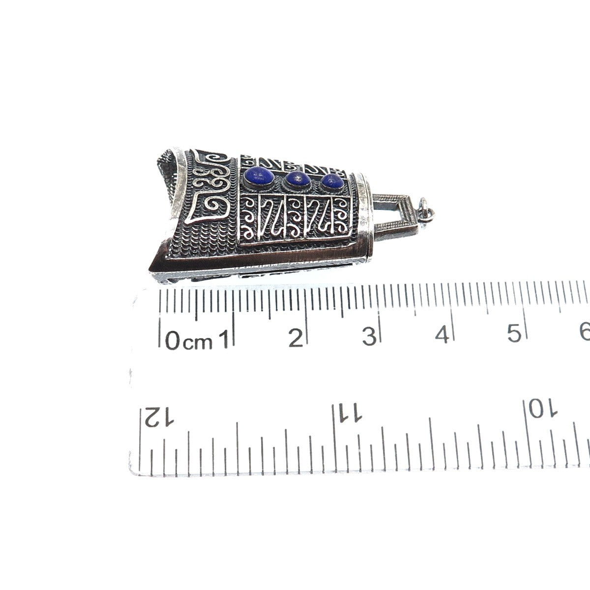 925 Sterling Silver Antique Real Lapis Chatelaine Filigree Box Oxidized Pendant