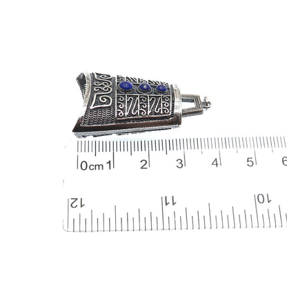 925 Sterling Silver Antique Real Lapis Chatelaine Filigree Box Oxidized Pendant