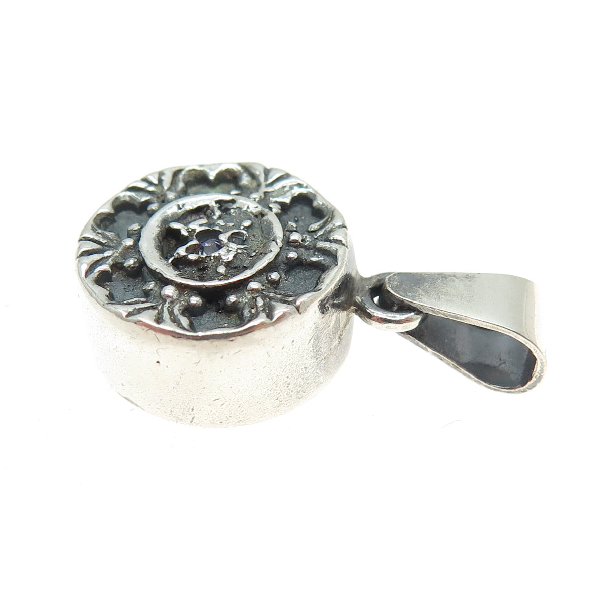 HUGHES Sterling Silver Vintage C Z Wheel Modernist Oxidized Minimalist Pendant