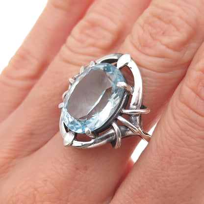 925 Sterling Silver Vintage Real Blue Topaz Modernist Oxidized Ring Size 7.5