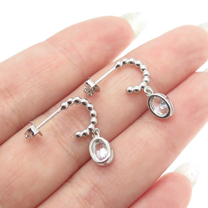 925 Sterling Silver Oval-Cut C Z Beaded Hoop Earrings