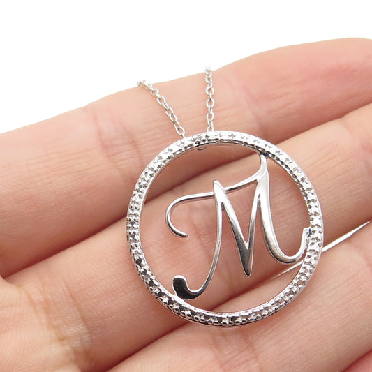 925 Sterling Silver Italy Real Diamond Letter "M" Circle Chain Necklace 18"