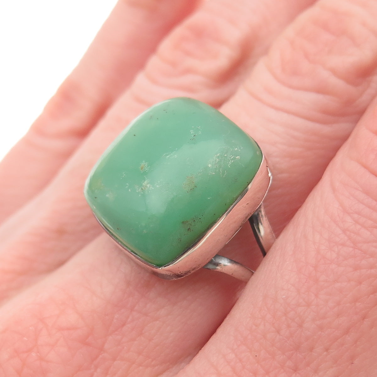 925 Sterling Silver Vintage Real Cushion-Cut Chrysoprase Ring Size 8