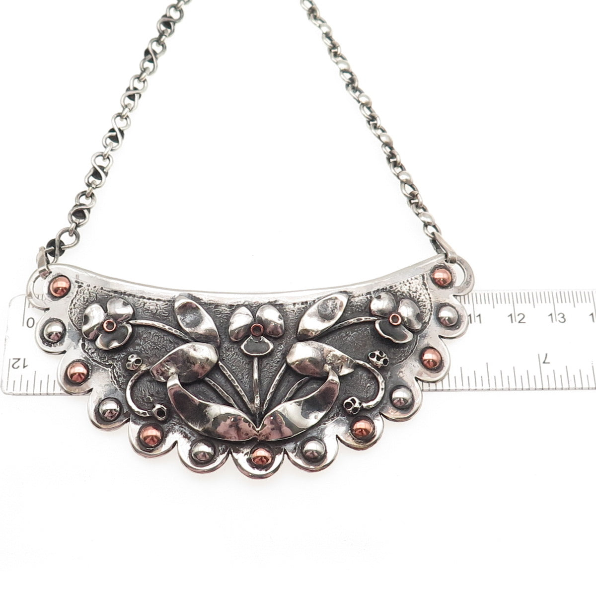 Paul Arviso Navajo Old Pawn Sterling Silver 2-Tone Vintage Floral Necklace 14"