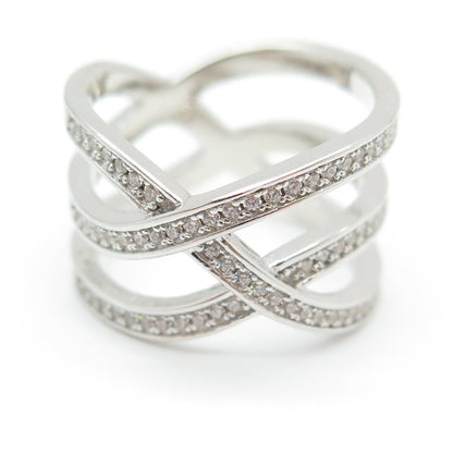 925 Sterling Silver Round-Cut C Z Crisscross Ring Size 7.25