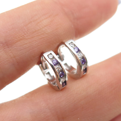 925 Sterling Silver Round-Cut Purple & White C Z Hoop Earrings