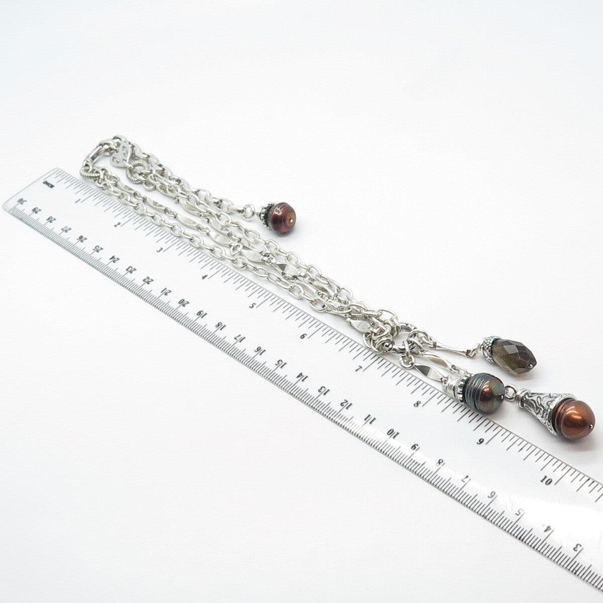 925 Sterling Silver Vintage Alana Love Pearl & Smoky Quartz Chain Necklace 14"