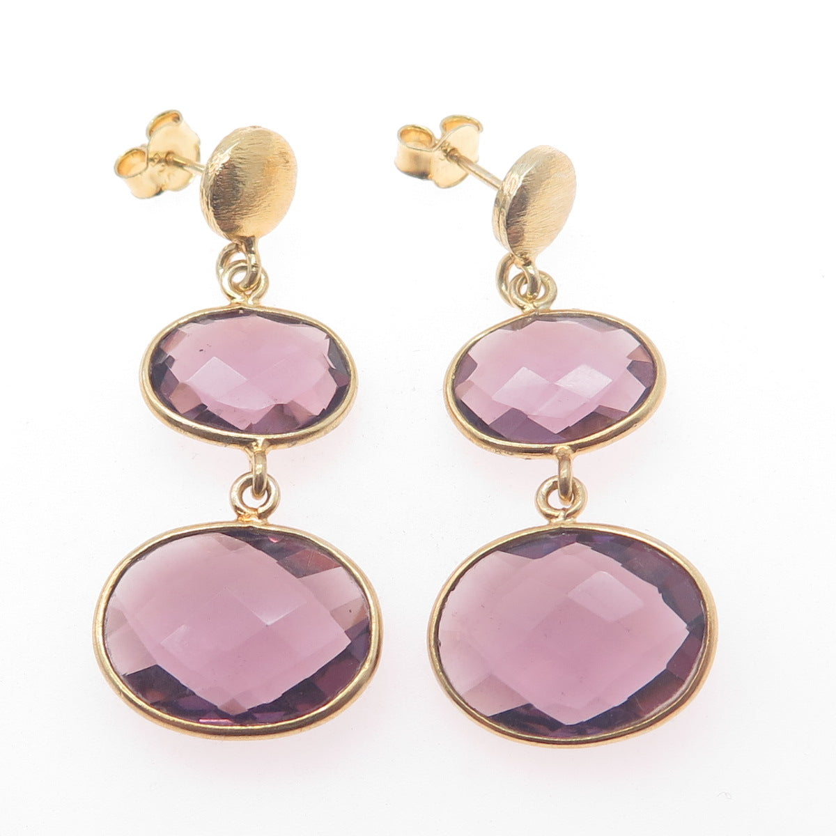 925 Sterling Silver Gold Plated Vintage Real Amethyst Modernist Dangle Earrings
