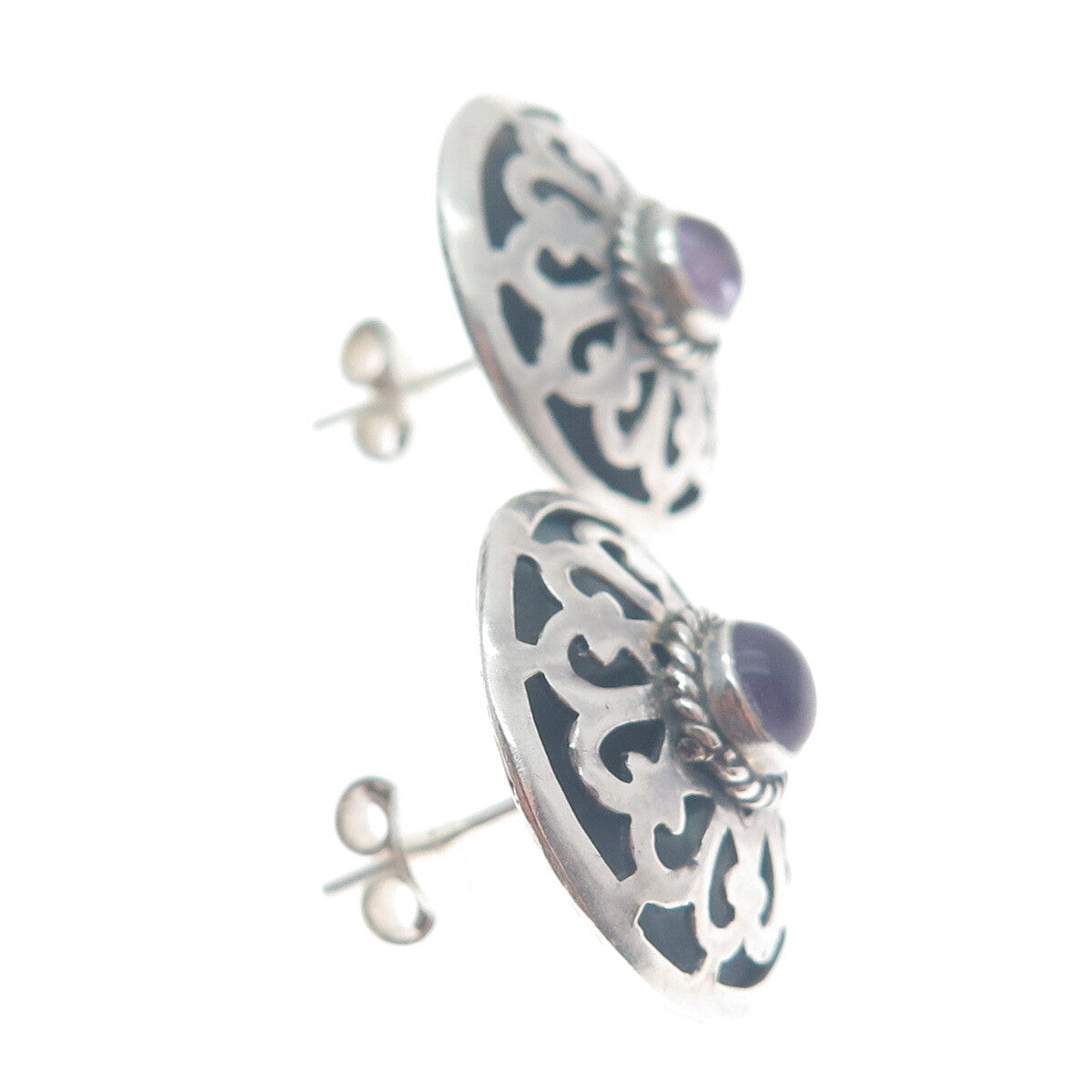 925 Sterling Silver Vintage Real Amethyst Gemstone Floral Ornate Earrings