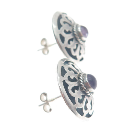 925 Sterling Silver Vintage Real Amethyst Gemstone Floral Ornate Earrings