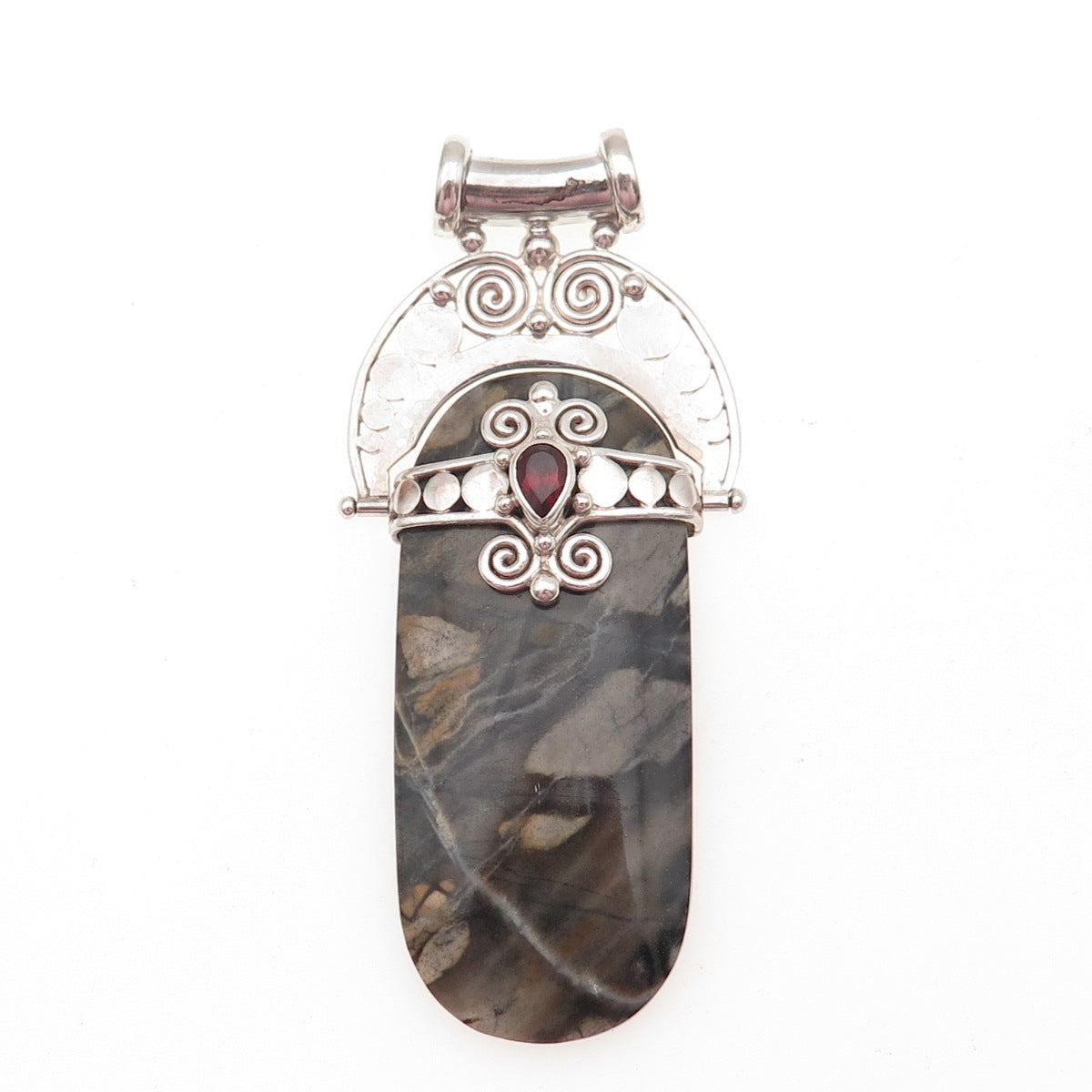 SAJEN 925 Sterling Silver Vintage Real Jasper & Red Garnet Modernist Pendant