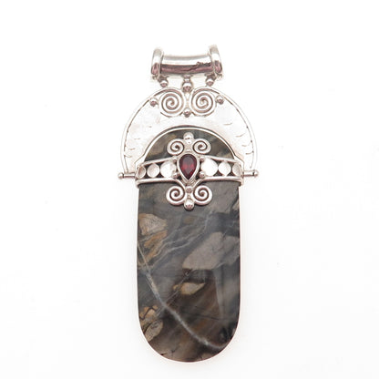 SAJEN 925 Sterling Silver Vintage Real Jasper & Red Garnet Modernist Pendant