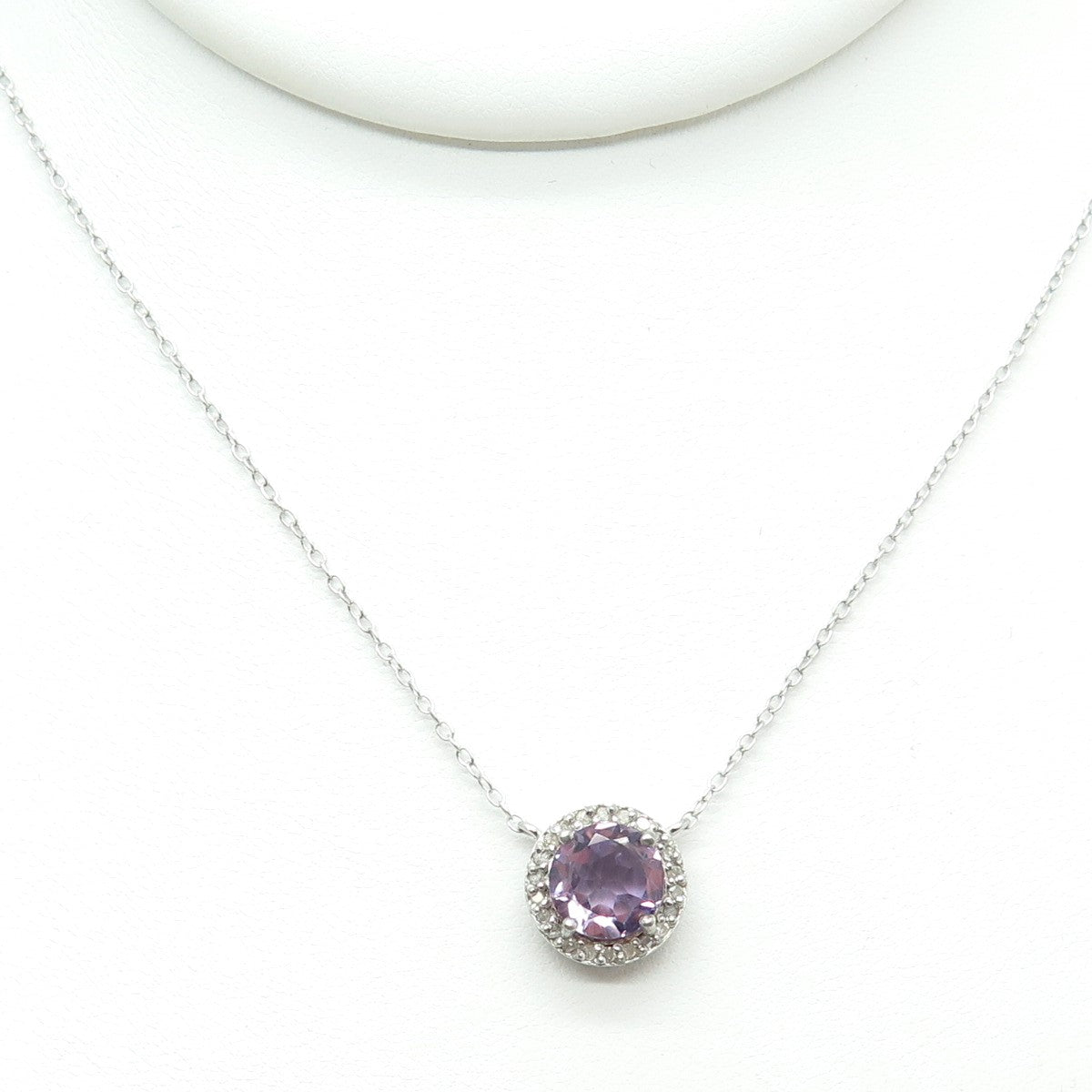 925 Sterling Silver Real Round-Cut Diamond & Amethyst Cable Chain Necklace 18"