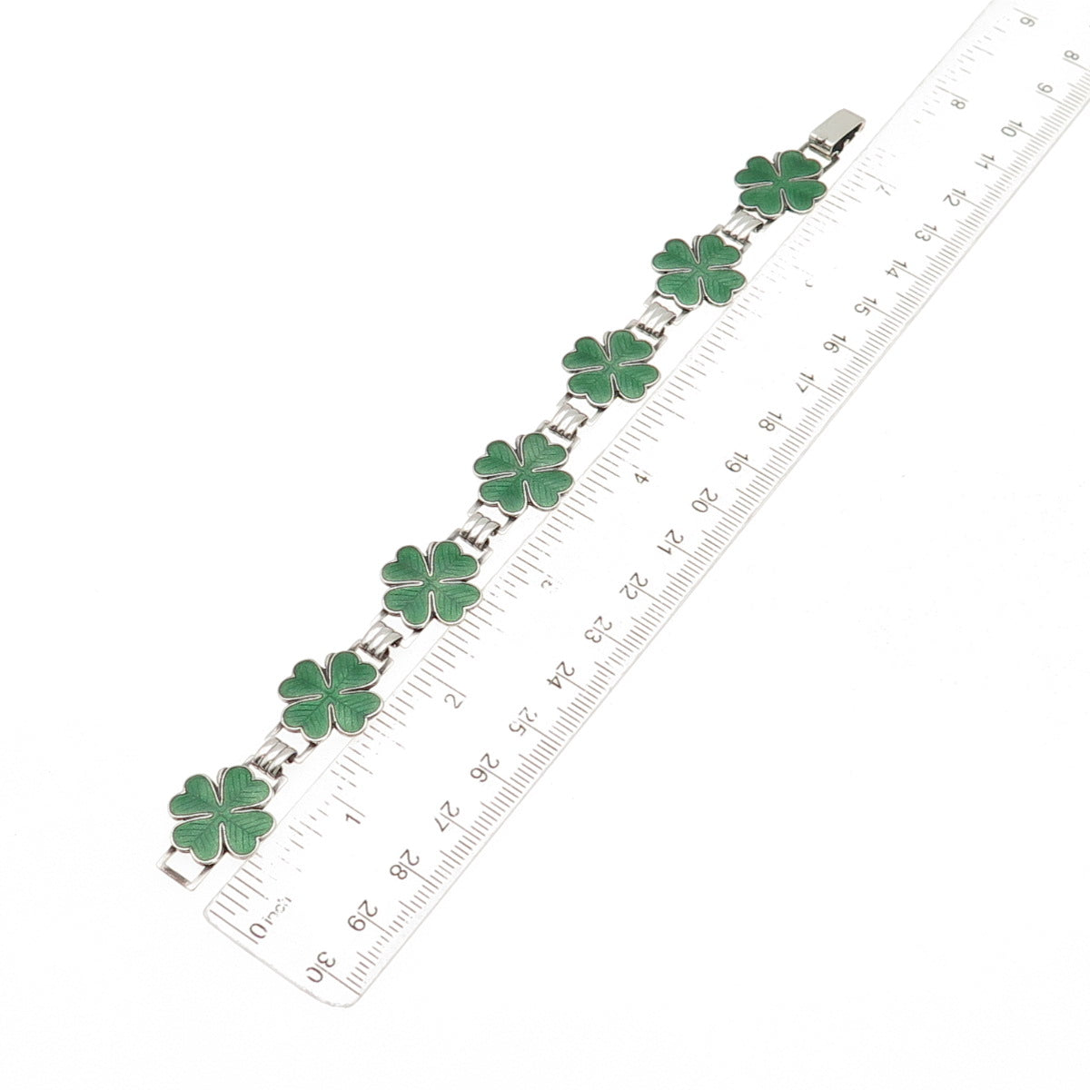 925 Sterling Silver Antique Art Deco Enamel Lucky Clover Link Bracelet 7"