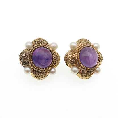 Museum of Fine Arts Sterling Silver GP Vintage Pearl & Amethyst Clip On Earrings