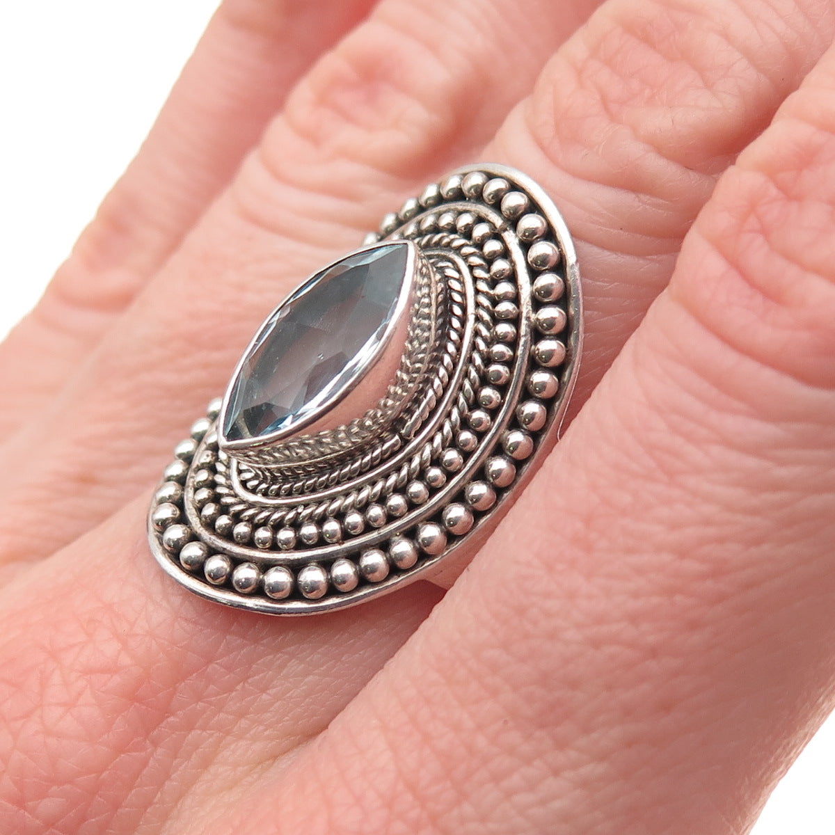 925 Sterling Silver Vintage Real Blue Topaz Modernist Beaded Ring Size 7.25