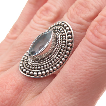 925 Sterling Silver Vintage Real Blue Topaz Modernist Beaded Ring Size 7.25