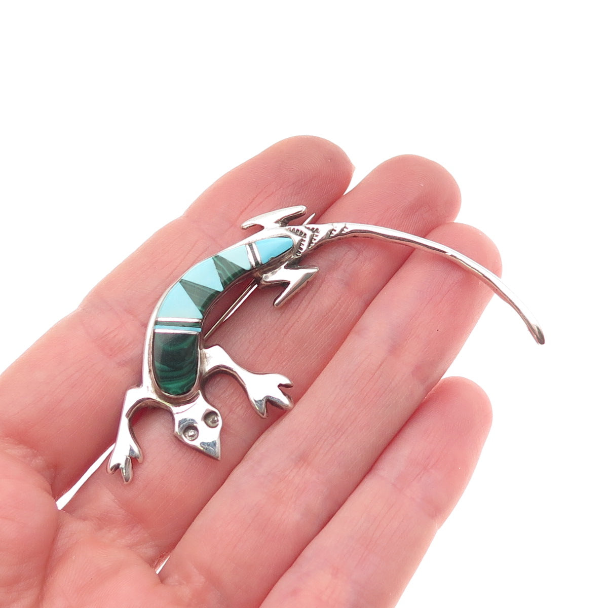 Arnold Maloney Navajo Old Pawn 925 Sterling Turquoise & Malachite Lizard Brooch