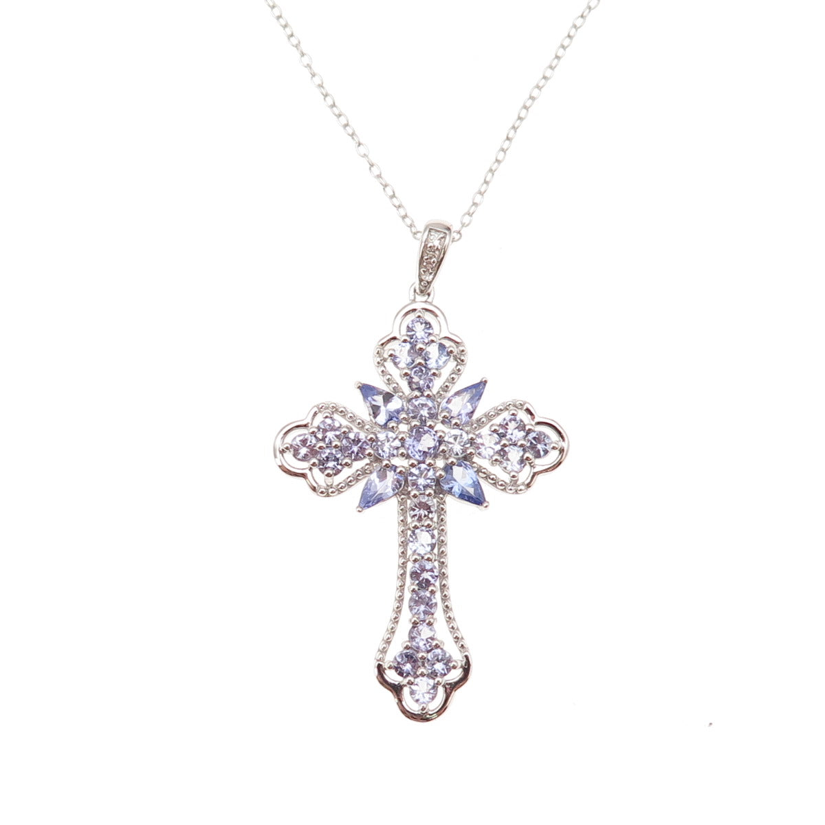 925 Sterling Silver Real Tanzanite & White Topaz Cross Cable Chain Necklace 18"