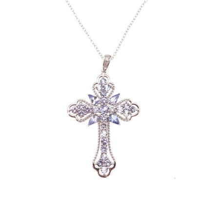 925 Sterling Silver Real Tanzanite & White Topaz Cross Cable Chain Necklace 18"