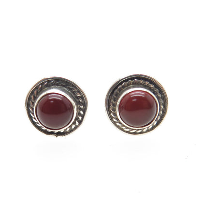 925 Sterling Silver Vintage Real Carnelian Roped Stud Earrings