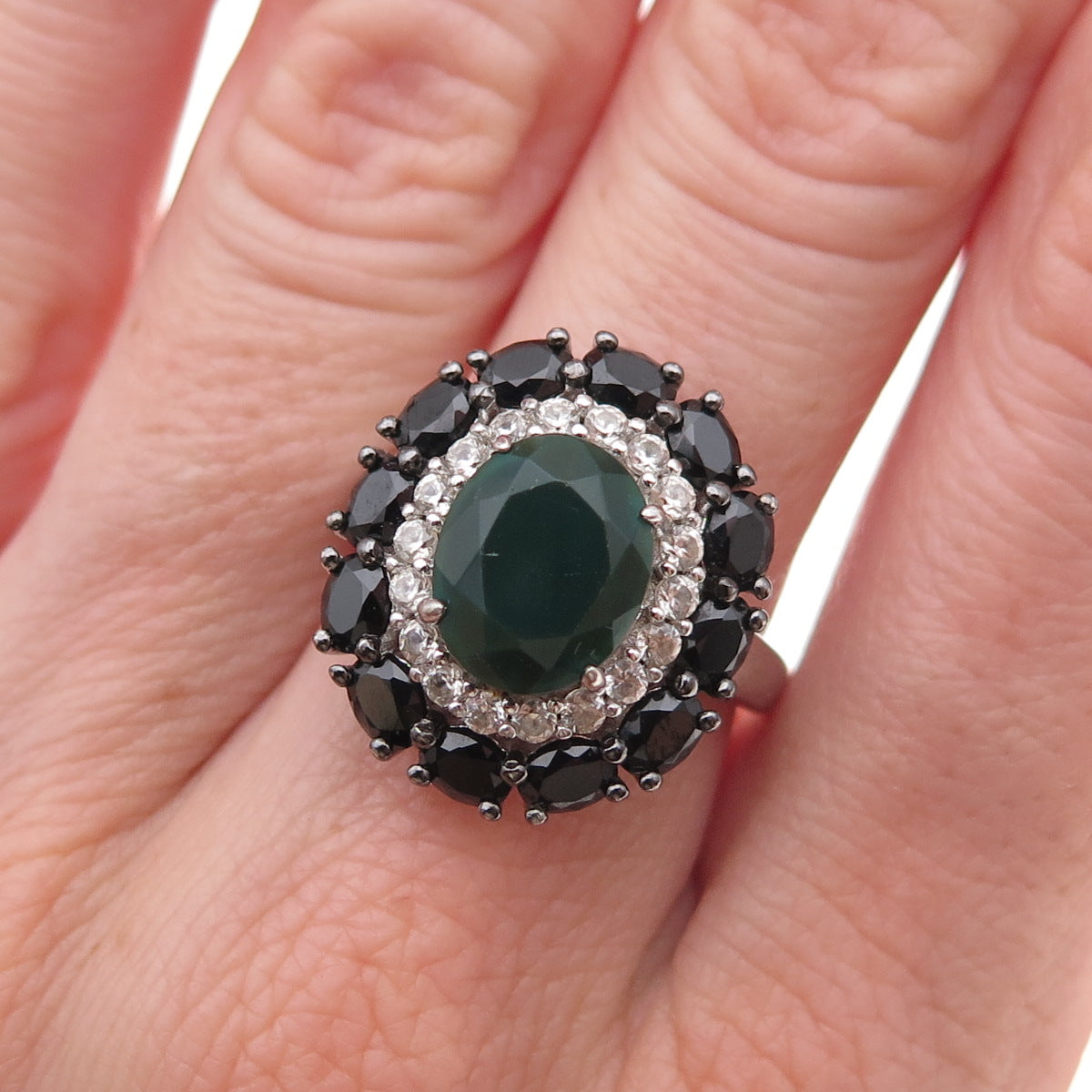 925 Sterling Silver Real Green Onyx Black Spinel & White Topaz Ring Size 6.5