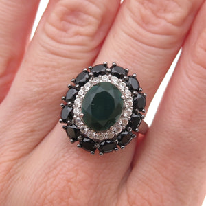 925 Sterling Silver Real Green Onyx Black Spinel & White Topaz Ring Size 6.5