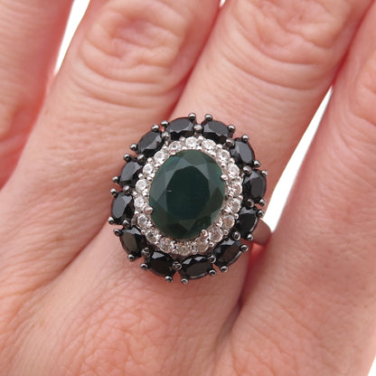 925 Sterling Silver Real Green Onyx Black Spinel & White Topaz Ring Size 6.5