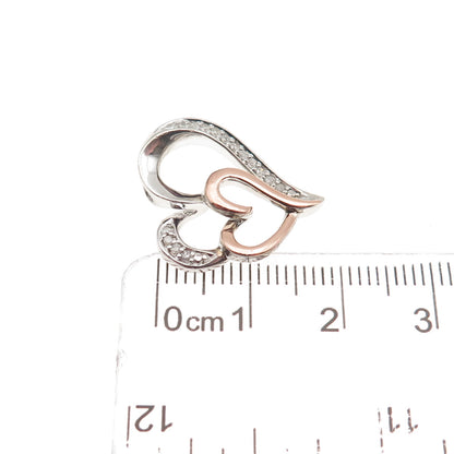 SUN 925 Sterling 14K Rose Gold Real Diamond Mom & Child Heart Mini Slide Pendant