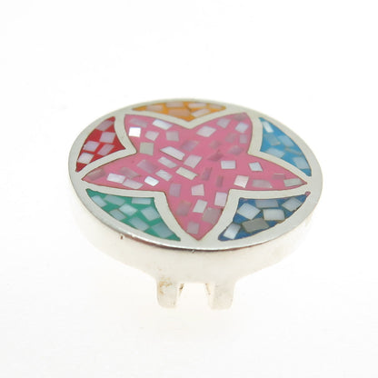 925 Sterling Silver Vintage Enamel Real MOP Inlay Round Pendant