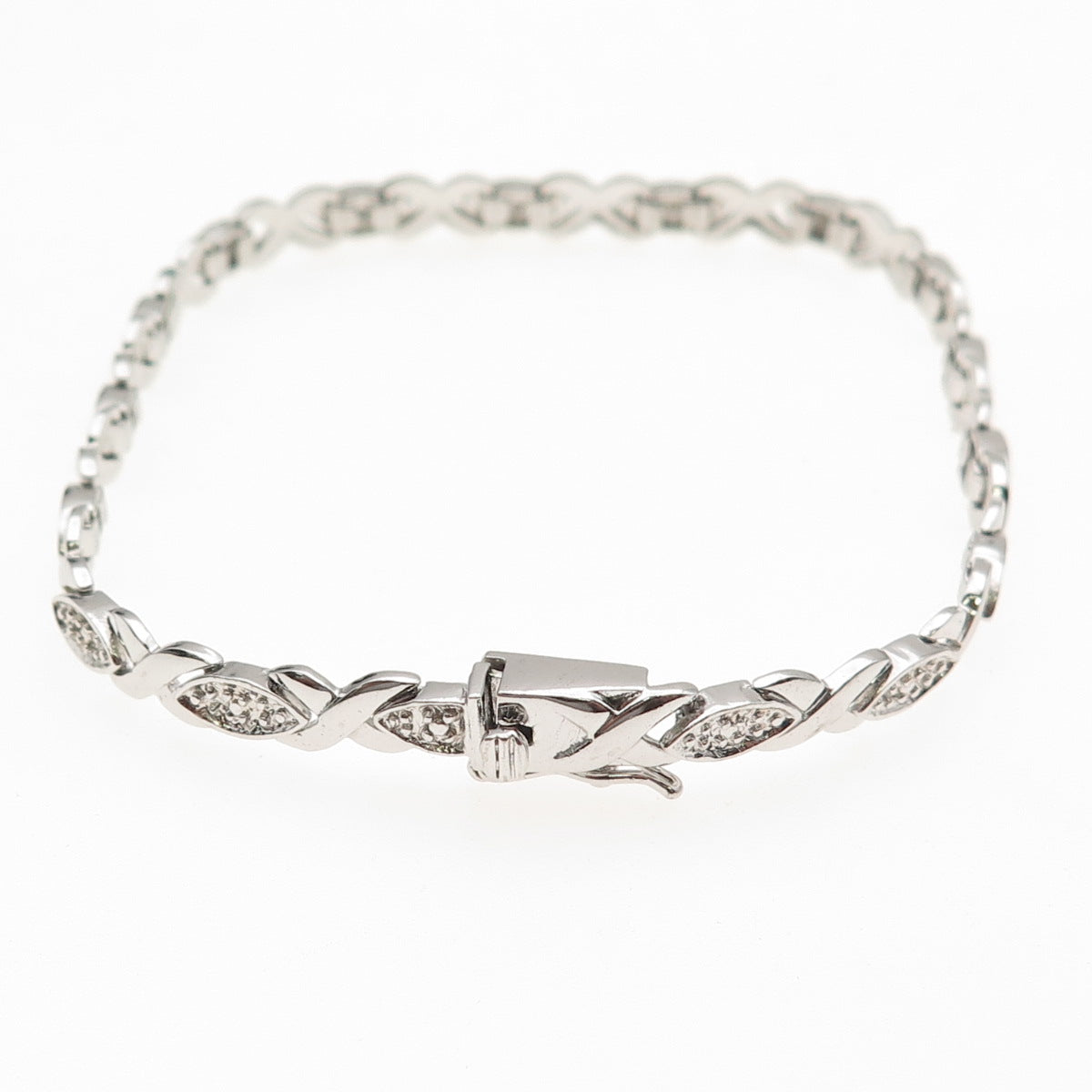 925 Sterling Silver Real Round-Cut Diamond XO Hugs & Kisses Bracelet 7.5"