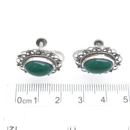 925 Sterling Silver Vintage Mexico Real Green Onyx Floral Screw Back Earrings