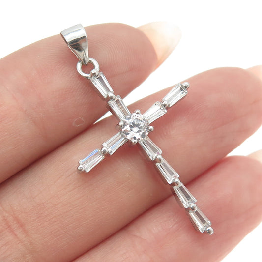 925 Sterling Silver Round & Tapered Baguette-Cut Shaped C Z Cross Pendant