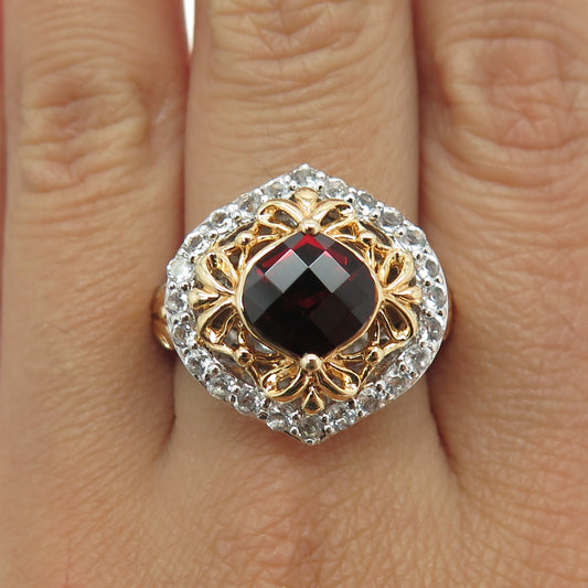 925 Sterling Silver 2-Tone Real Red Garnet & White Topaz Gemstone Ring Size 10