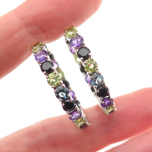 925 Sterling Silver Real Topaz Amethyst Peridot Spinel In & Out Hoop Earrings