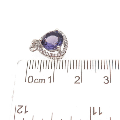 925 Sterling Silver Vintage Real Amethyst & C Z Charm Pendant