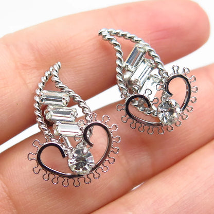 925 Sterling Silver Vintage Rhinestone Ornate Screw Back Earrings