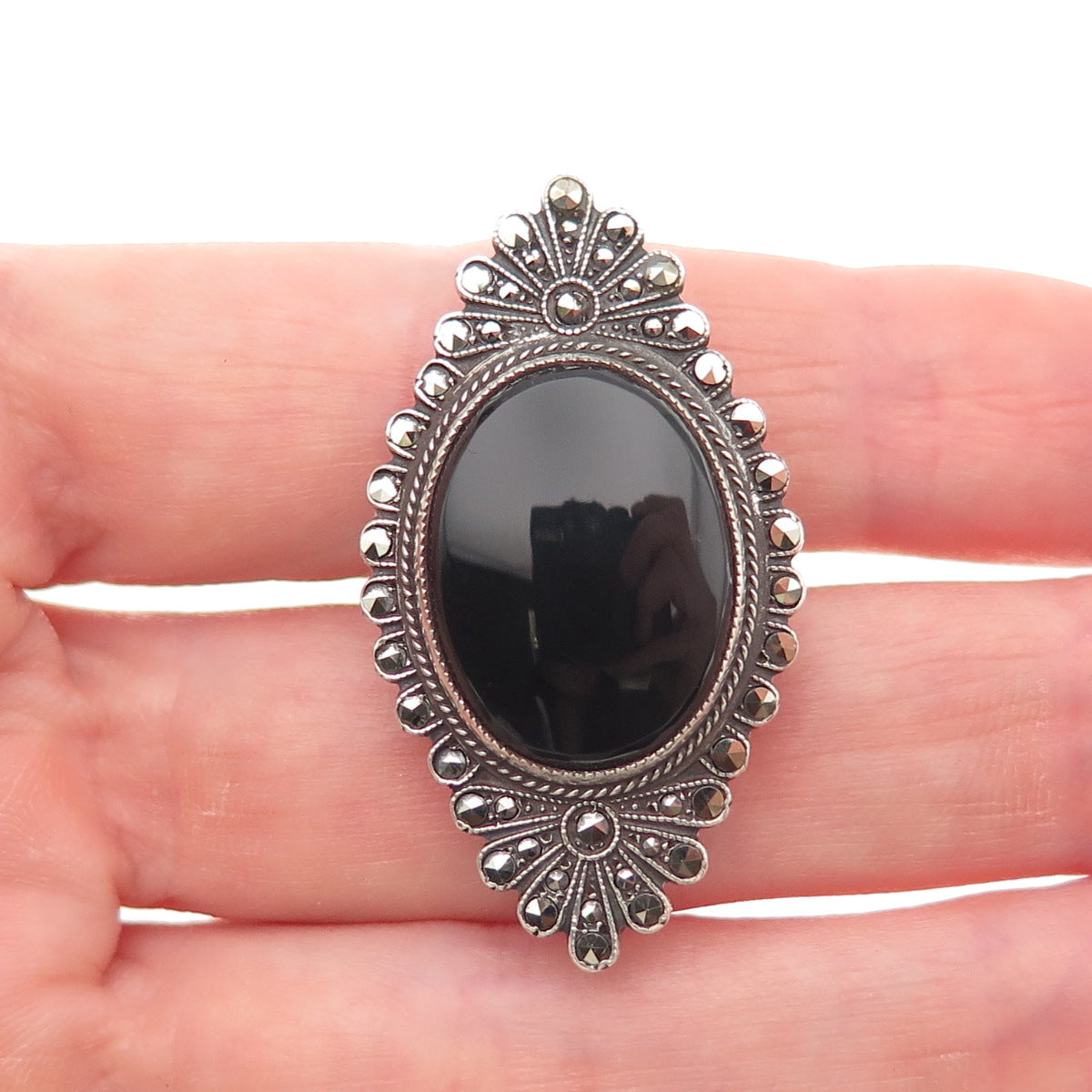 925 Sterling Silver Antique Art Deco Real Black Onyx & Marcasite Ring Size 6.5