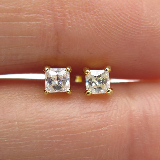 925 Sterling Silver Gold Plated Princess-Cut Shaped C Z Stud Earrings